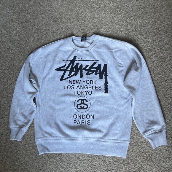 Stussy World Tour Crewneck Sweatshirt, Ash Heather, Size Medium - Picture 1 of 3